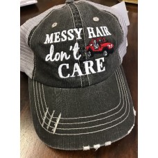 Katydid Messy Hair Don&apos;t Care Red Jeep Gray Mesh Distressed Trucker Hat Cap NEW  eb-51919452